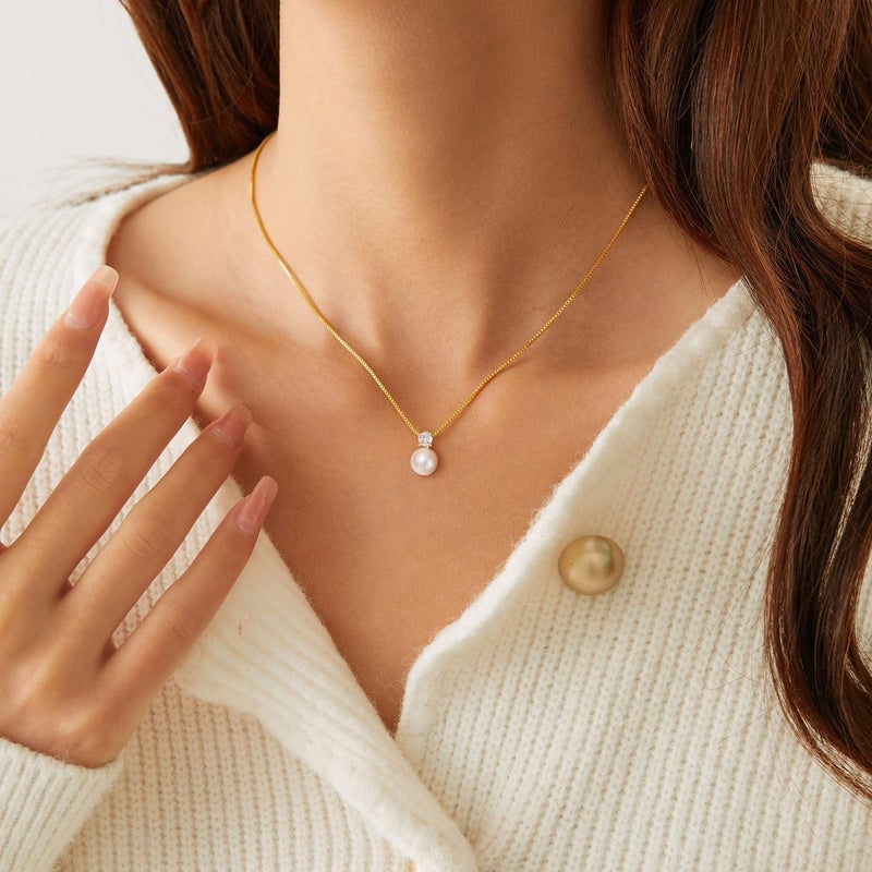 PRTGL Store Pearl Necklace: 14K Gold-Plated/White Gold-plated Pearl Necklace for Women 16.5” + 2” - Image 4